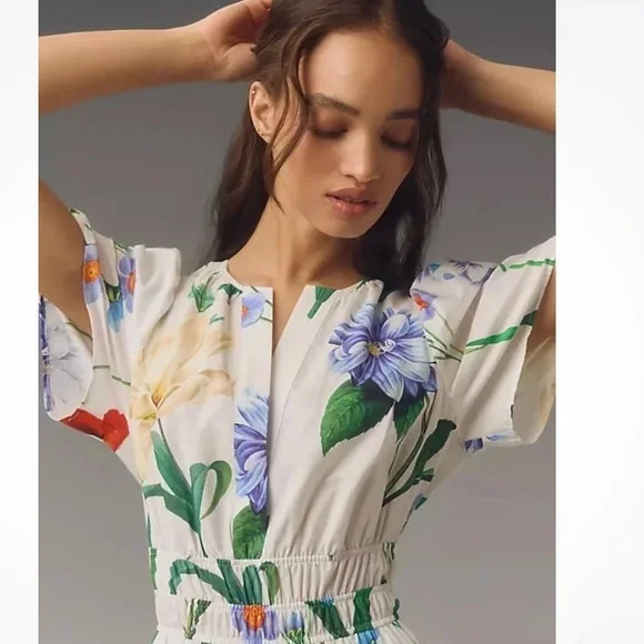 Maeve by Anthropologie Somerset Maxi Floral Dress White Cotton Lined Size M - Picture 2 of 16